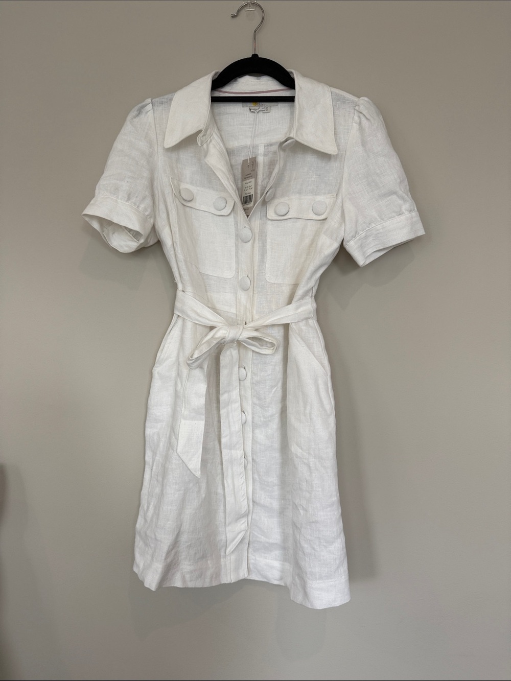 Boden White Linen Short-Sleeve Shirt Dress with Tie Waist